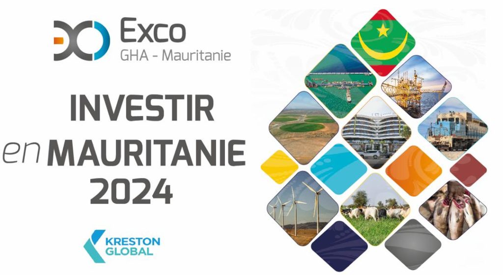 Couverture du guide "Investir en Mauritanie 2024" publié par Exco GHA Mauritanie, en partenariat avec le Port de Tanit et le CEM Mauritanie.
